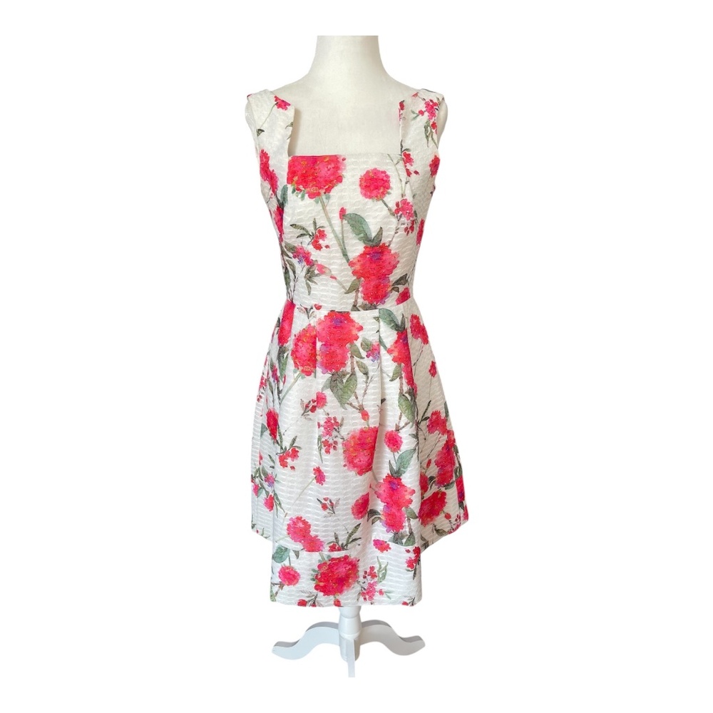 Elisa Rivera Fit & Flare Floral Jacquard Dress White Pink Red Sleeveless Size 36